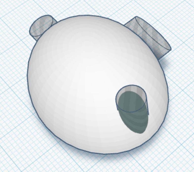 A CAD render of an oval, pebble-shaped casing with three cylindrical cutouts