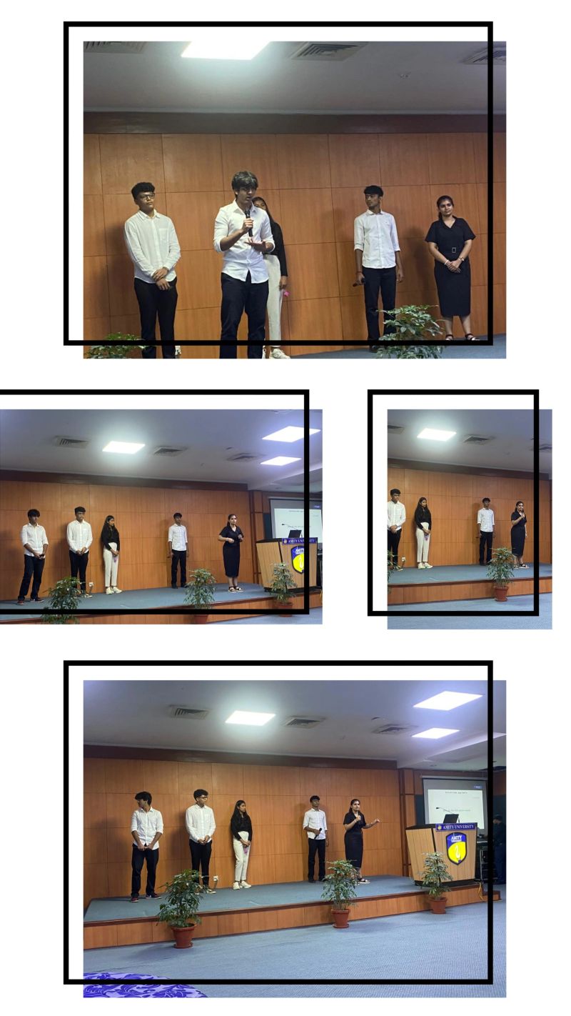 A collage of four photographs of the team speaking and presenting on stage